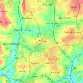 Topografische kaart Alfreton, hoogte, reliëf