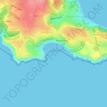 Topografische kaart Langland Bay, hoogte, reliëf