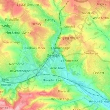 Topografische kaart Dewsbury, hoogte, reliëf