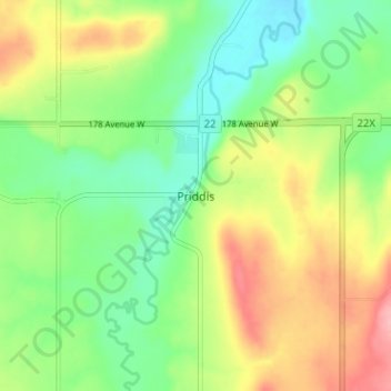 Topografische kaart Priddis, hoogte, reliëf