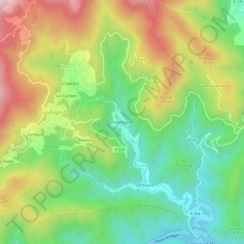 Topografische kaart Costubague, hoogte, reliëf