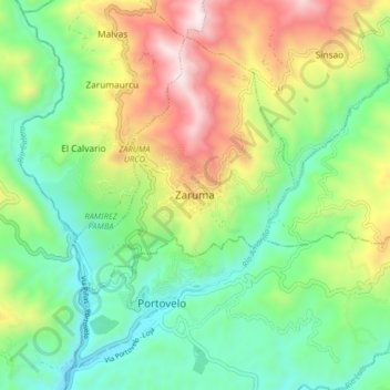 Topografische kaart Zaruma, hoogte, reliëf