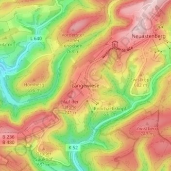 Topografische kaart Langewiese, hoogte, reliëf