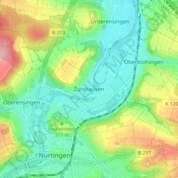 Topografische kaart Zizishausen, hoogte, reliëf