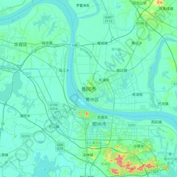 Topografische kaart Huanggang, hoogte, reliëf