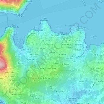 Topografische kaart A Rega, hoogte, reliëf