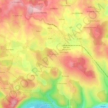 Topografische kaart Montignac, hoogte, reliëf