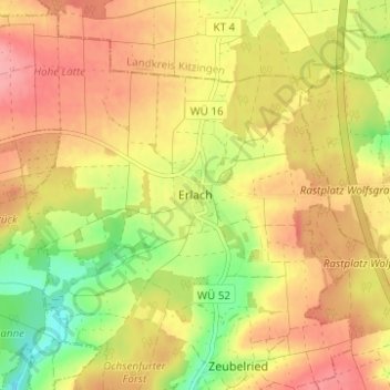 Topografische kaart Erlach, hoogte, reliëf