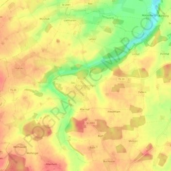 Topografische kaart Peterskirchen, hoogte, reliëf