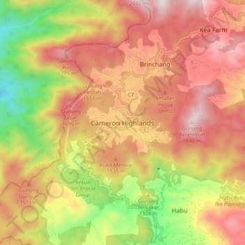 Topografische kaart Cameron Highlands, hoogte, reliëf