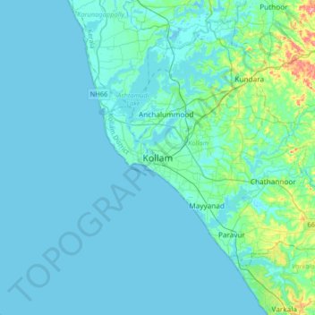 Topografische kaart Kollam, hoogte, reliëf
