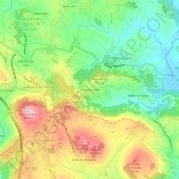 Topografische kaart Ribas de Cima, hoogte, reliëf