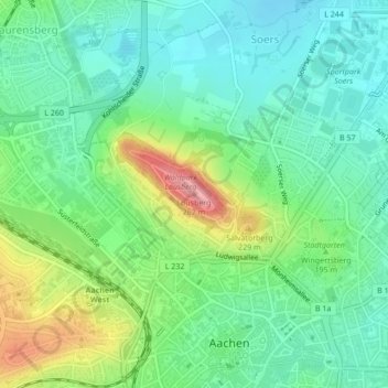 Topografische kaart Lousberg, hoogte, reliëf