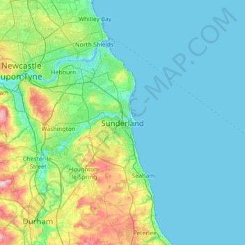 Topografische kaart Sunderland, hoogte, reliëf