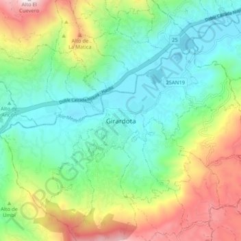 Topografische kaart Girardota, hoogte, reliëf