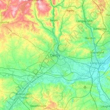 Topografische kaart Derby, hoogte, reliëf