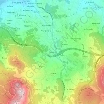Topografische kaart O Canizo, hoogte, reliëf
