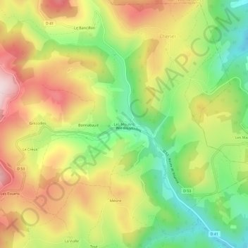 Topografische kaart Les Moulins, hoogte, reliëf