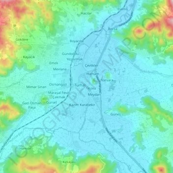 Topografische kaart Turhal, hoogte, reliëf