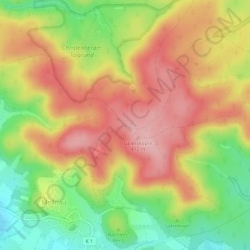 Topografische kaart Mellnauer Kreuz, hoogte, reliëf