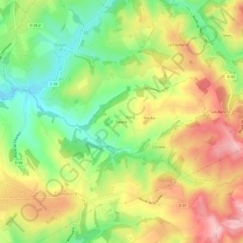 Topografische kaart Favery, hoogte, reliëf