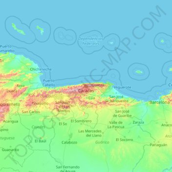 Topografische kaart Distrito Capital, hoogte, reliëf