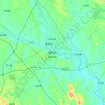 Topografische kaart Suizhou, hoogte, reliëf