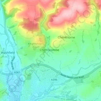 Topografische kaart Chettiscombe, hoogte, reliëf
