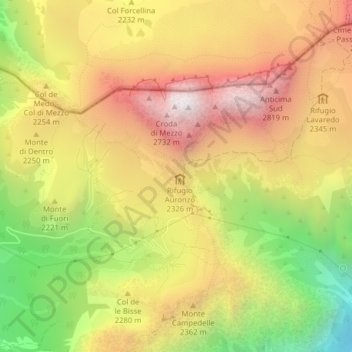 Topografische kaart Forcella Longeres, hoogte, reliëf