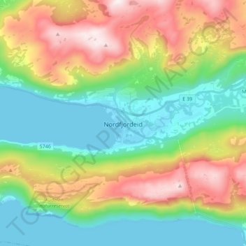 Topografische kaart Nordfjordeid, hoogte, reliëf
