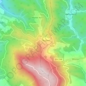 Topografische kaart Buçaco, hoogte, reliëf