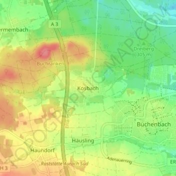 Topografische kaart Kosbach, hoogte, reliëf