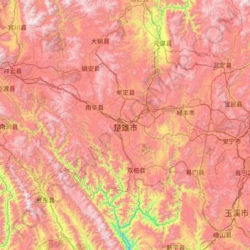Topografische kaart Chuxiong, hoogte, reliëf