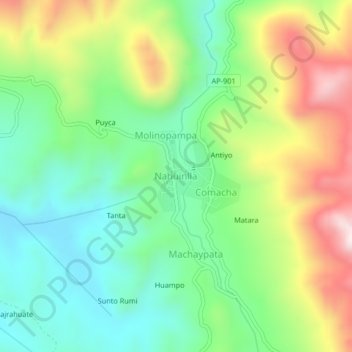 Topografische kaart Nahuinlla, hoogte, reliëf