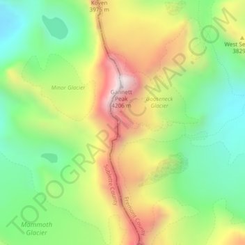 Topografische kaart Wind River Range, hoogte, reliëf