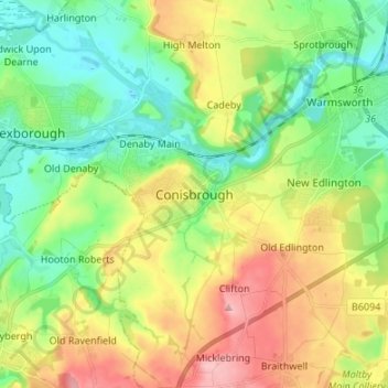 Topografische kaart Conisbrough, hoogte, reliëf