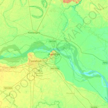 Topografische kaart Ayodhya, hoogte, reliëf