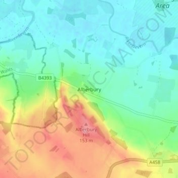 Topografische kaart Alberbury, hoogte, reliëf