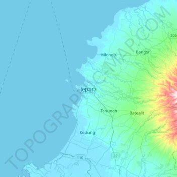 Topografische kaart Jepara, hoogte, reliëf