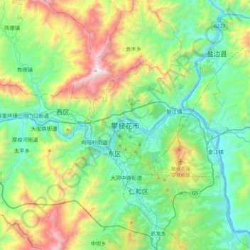 Topografische kaart Panzhihua, hoogte, reliëf