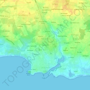 Topografische kaart Kervennec, hoogte, reliëf