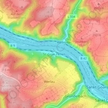 Topografische kaart St. Goar-Fellen, hoogte, reliëf