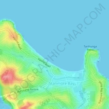 Topografische kaart Stanmore Bay, hoogte, reliëf