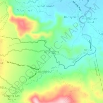 Topografische kaart Bayandong, hoogte, reliëf