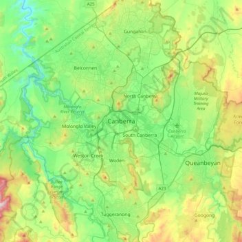 Topografische kaart Canberra, hoogte, reliëf