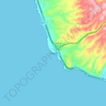 Topografische kaart Popotla, hoogte, reliëf