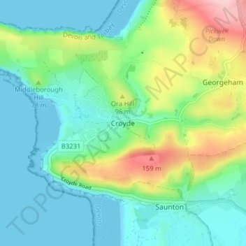 Topografische kaart Croyde, hoogte, reliëf