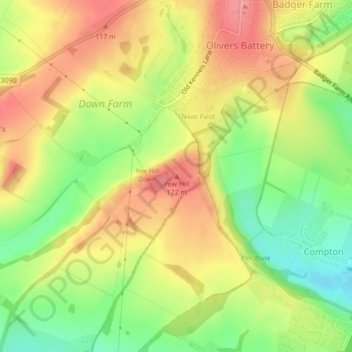 Topografische kaart Yew Hill, hoogte, reliëf