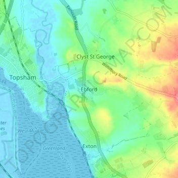 Topografische kaart Ebford, hoogte, reliëf