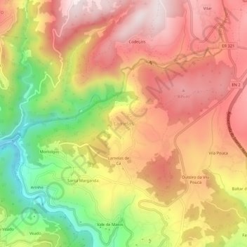 Topografische kaart Lamelas, hoogte, reliëf